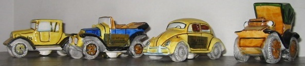 4 Old Store Scotch Whisky VW Model A T Mini Car Bottles PRODUCT OF SCOTLAND MCGOWN & CAMERON LTD