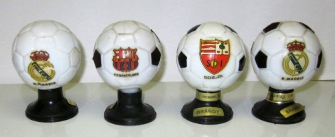 4 figural iniature liquor BRANDY CAMPENY Spain bottles decanters football