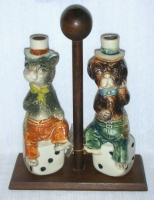 DOG & CAT in Hat, Pants & Bow Ties Sitting on Dice